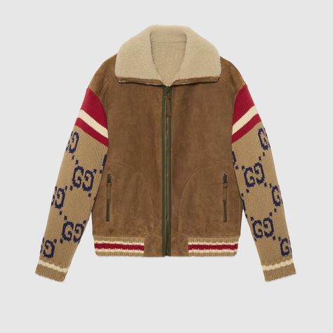 Shop the Suede jacket with GG knit sleeves in brown suede at GUCCI.COM. Enjoy Free Shipping and Complimentary Gift Wrapping. Gucci Jeans, Designer Leather Jackets, Gucci Jacket, Mens Jackets Casual, Brown Suede Jacket, Knit Sleeve, Line Jackets, Shearling Jacket, Suede Jacket