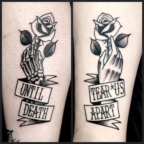 Did this #traditional #blackwork #untildeadtearusapart #skeleton #hand #rose #tattoo on 2 #amazing #sisters using #alphasuperfluid for my #black #ink #tattooluxembourg #tattoovalencia #sisterstattoo #sisters Tattoo Ideas Hand, Popular Tattoo Ideas, Traditional Blackwork, Ohm Tattoo, Tattoo Main, Infinity Couple Tattoos, Anatomy Tattoo, Old School Ink, Best Couple Tattoos