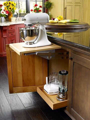 I like the way you can store the kitchen aide out of the way but don't have to hoist it up onto the counter to use it. Kitchen Island Storage, Appliances Storage, Kitchen Cabinet Storage, Kitchen Redo, Kitchen Remodel Idea, Kitchen Makeover, Kitchen Designs, Kitchen Pantry, Kitchen Aid