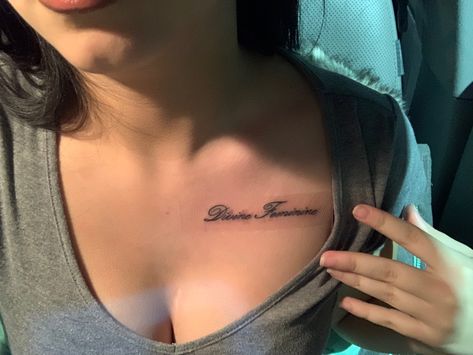 Chest Tattoo Female Words, Yours Truly Tattoo, Tattoos On Shoulder For Women, Small Chest Tattoos, Pretty Hand Tattoos, Petite Tattoos, Thigh Tattoos, Pretty Tattoos For Women, Dope Tattoos For Women