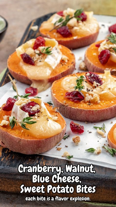 Delight your guests this festive season with Cranberry, Walnut, Blue Cheese, Sweet Potato Bites! These sweet potato rounds are topped with creamy herbed ricotta. They also have a sprinkle of vibrant cranberries and walnuts. Perfect as Healthy Holiday Appetizers, these bites are ideal for New Years Appetizers or any festive gathering. They combine taste and nutrition seamlessly. Discover this standout among holiday appetizers recipes. Healthy Holiday Appetizers, Sweet Potato Bites, New Years Appetizers, Sweet Potatoe Bites, Loaded Sweet Potato, Classic Appetizers, Potato Bites, Best Party Food, Fall Recipe