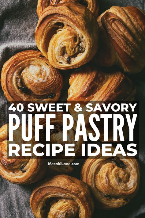 40 Sweet and Savory Puff Pastry Recipes | Also known as "pâte feuilletée", puff pastry is made from a laminated dough composed of dough and butter. It's a flaky light pastry, and oh so delicious! Click for our best tips for baking with puff pastry, plus our favorite easy and quick puff pastry recipes -- both sweet and savoury. From apple turnovers, Nutella puff pastry pizza, and simple cherry pastry pies to pigs in a blanket, puff pastry chicken pot pie, and bake brie, these are delish! Pastry Puff Dessert, Recipes With Puff Pastry Sheets, Puff Pastry Ricotta, Savory Puff Pastry Recipes, Cherry Pastry, Sweet Puff Pastry Recipes, Bake Brie, Quick Puff Pastry, Puff Pastry Snacks