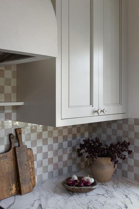 Checkered Tile Kitchen, Tan Backsplash, Checkered Backsplash, Checkered Tile, Gray Cabinet, Tile Kitchen Backsplash, Light Gray Cabinets, Valley Cottage, Backsplash Tiles