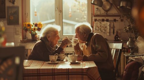 Cozy morning tea: In a warmly lit kitchen, two elderly women enjoy a peaceful morning tea together, sharing stories. #elderly #women #tea #morning #cozy #aiart #aiphoto #stockcake ⬇️ Download and 📝 Prompt 👉 https://ayr.app/l/gWER Having Tea With Friends, Elderly Aesthetic, Old People Aesthetic, Drinking Tea Photography, Tea Image, Enterprise Ideas, Couples Dining, Tea Morning, Tea Together