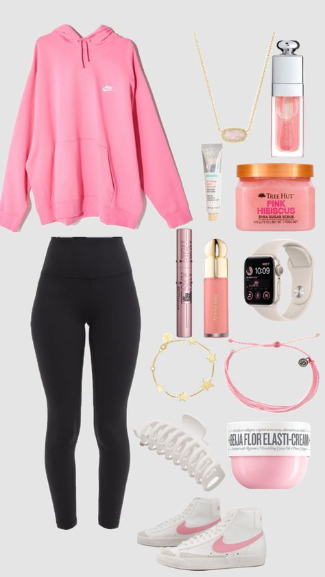 Nike Leggings Outfit, Pink Hoodie Outfit, Pink Leggings Outfit, Nike Hoodie Outfit, Preppy Hairstyles, Light Pink Hoodie, Sweats Outfit, Cute Outfits With Leggings, Celebrity Casual Outfits