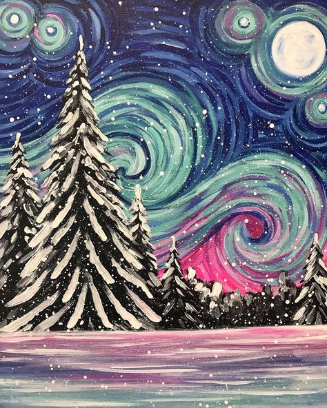 Oh what fun it is to watch the snow fall with a gorgeous starry night sky! #naperville #paintfromhome #datenight #vangogh Winter Themed Art Lessons, New Year Painting Ideas Easy, Cute Winter Paintings On Canvas Easy, Winter Art Inspiration, Christmas Paint Night Ideas Easy, Winter Sky Painting, Snowflake Painting Easy, Winter Paint Night Ideas, Simple Winter Painting