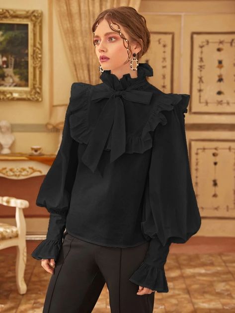 Ruffle Top Blouses, Ruffle Trim Top, Mode Abaya, Top Shein, Women Blouses, Fashion Design Clothes, Lantern Sleeve, Character Outfits, Ruffle Top