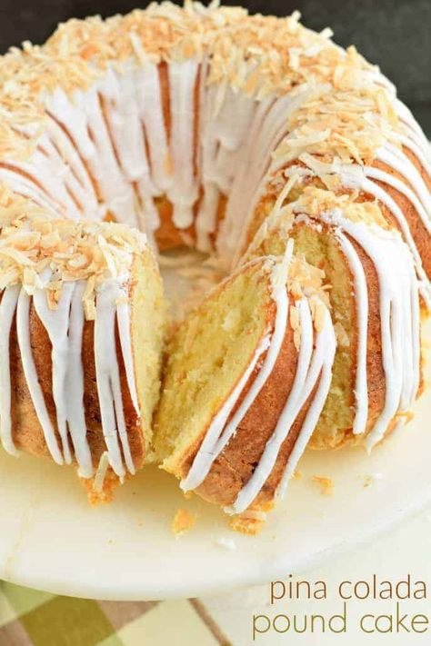 Pina Colada Pound Cake Pina Colada Cake Recipe Easy, Pina Colada Cake Recipe From Scratch, Pina Colada Pound Cake Recipe, Pina Colada Bundt Cake, Pineapple Pound Cake, Coconut Glaze, Easy Pound Cake, Pina Colada Cake, Coconut Pound Cakes