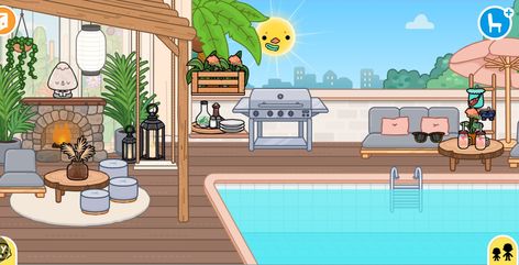 Toca Boca Patio Ideas, Toca Boca Pool House Ideas, Toca Boca Vacation House Ideas, Toca Rooms, Adopt Me Small House Ideas, Beach House Pool, Ideas Toca Boca, Pool House Design, Lego Elves