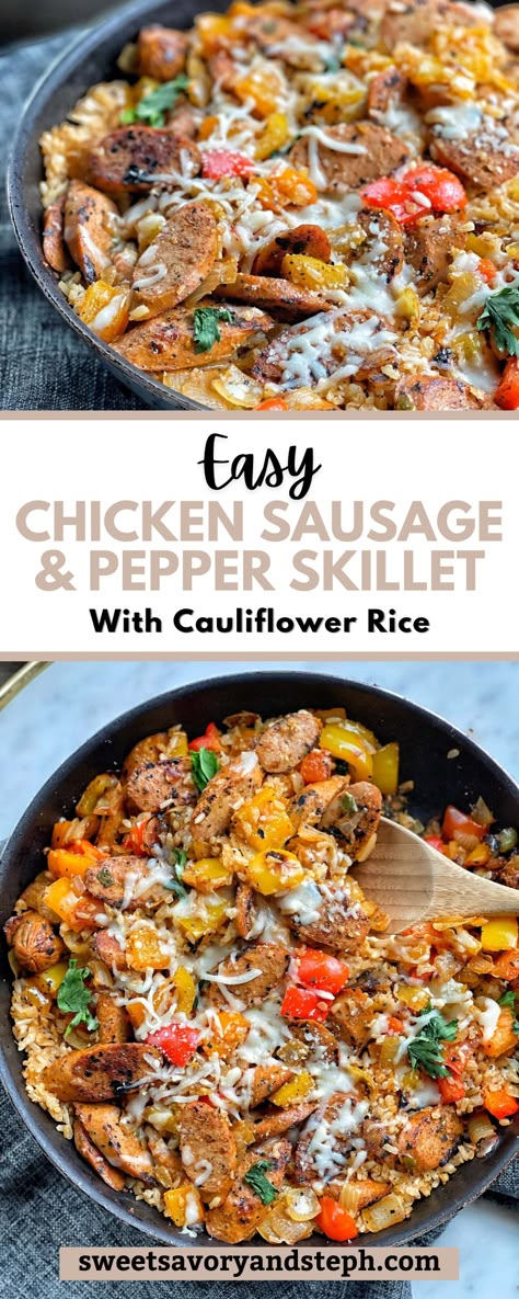 Chicken Sausage Recipes Healthy, Sausage Cauliflower, Cauliflower Rice Skillet, Healthy Sausage Recipes, Pepper Skillet, Chicken Sausage Recipes, Sausage Rice, Sauteed Peppers And Onions, Sausage Dinner