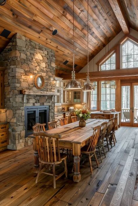 Log House Dining Room, Tudor Garage, Lodge Dining Room, Farmhouse Dining Room Decor Ideas, Cabin Dining Room, Farmhouse Dining Room Decor, Log Home Kitchen, Rustic Farmhouse Dining Room, Rustic Decor Ideas