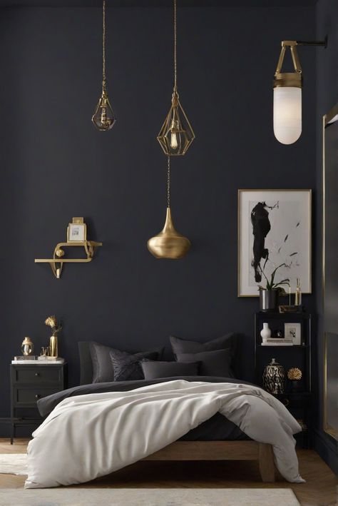 bedroom decor, interior design services, home decor ideas, wall painting services Black Magic Paint Sherwin Williams, Black Magic Sherwin Williams, Colors For Bedroom, Masters Bedroom, Trendy Paint Colors, Paint Guide, Paint Trends, Bedroom Black, Grey Cabinets