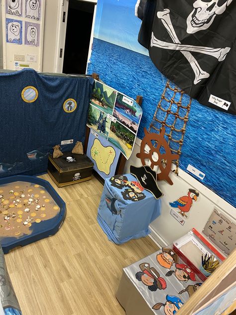 Role Play For Preschoolers, Pirate Ship Role Play Area, Pirate Role Play Eyfs, Play Pirate Ship, Pirate Role Play Area, Pirate Dramatic Play Preschool, Pirate Eyfs Activities, Eyfs Role Play Area, Pirate Dramatic Play