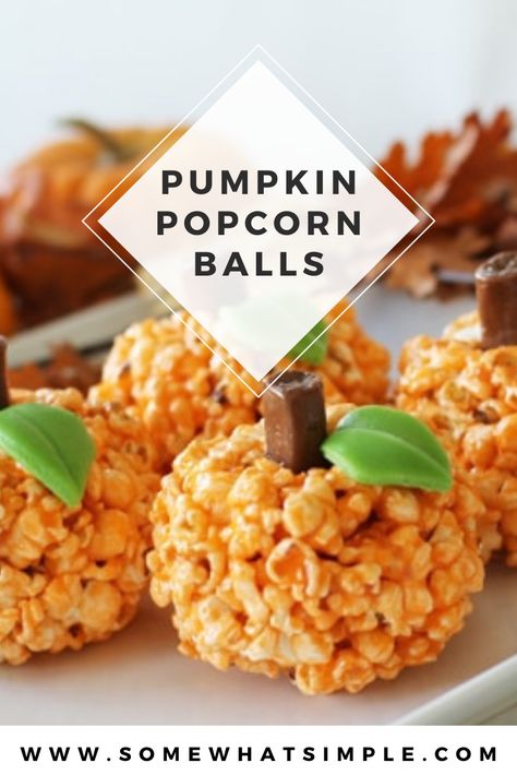 These simple and easy Halloween pumpkin popcorn balls are a fun Halloween treat that are perfect for any party and the kids will absolutely love them! Made with popcorn, jello and small pieces of candy, they couldn't be any easier to make! via @somewhatsimple Popcorn Jello, Homemade Popcorn Balls Halloween, Pumpkin Popcorn Balls, Popcorn Hands, Halloween Caramel Popcorn, Halloween Fluffy Popcorn, Candy Corn Popcorn Balls, Halloween Popcorn Balls Recipe, Pumpkin Popcorn