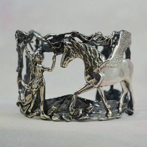 Pegasus & Maiden At Last Cuff Bracelet in Sterling by MysticSwan, $889.00 Pegasus Jewelry, Fairytale Bracelet, Faerie House, Sea Inspired Jewelry, Mystical Moon, Fairy Outfit, Art Bracelet, Gothic Shoes, Greek Gods And Goddesses