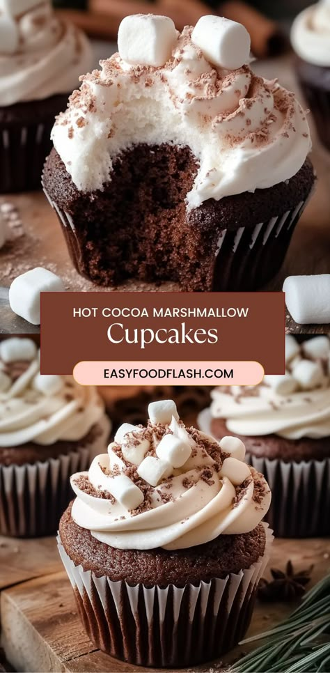 These Hot Cocoa Cupcakes with Marshmallow Frosting are the ultimate indulgence for any chocolate lover. The cupcakes are moist and rich, with the perfect balance of cocoa flavor enhanced by a hint of hot cocoa. Topped with a fluffy and creamy marshmallow frosting, these cupcakes are a festive treat perfect for winter celebrations, holidays, or anytime you crave a warm, sweet indulgence. The added decorations, such as mini marshmallows and crushed candy canes, make them extra special. Hot Cocoa Cupcakes, Cupcakes With Marshmallow Frosting, Cocoa Cupcakes, Pop Up Bakery, Cocoa Marshmallow, Cuppy Cake, Marshmallow Cupcakes, Winter Cupcakes, Creative Sweets