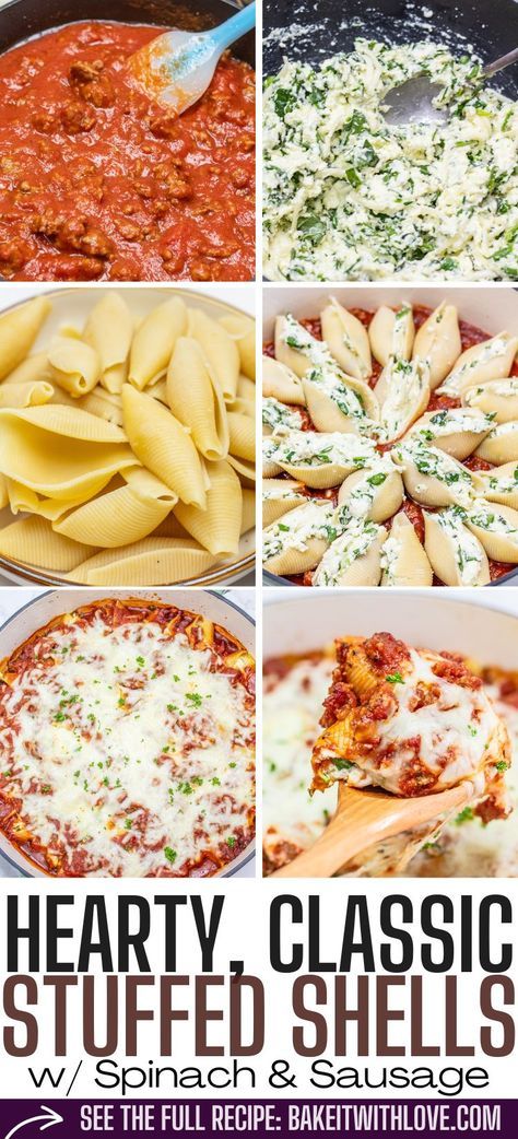 I absolutely love to make cheesy stuffed shells loaded with ricotta, mozzarella, Parmesan cheese, spinach, marinara, and savory Italian sausage. It's a meal that can satisfy anyone's hunger making it a go-to family favorite dinner. Since everyone in my house loves ricotta filling, I make my stuffed shells with LOTS of extra cheese filling. Follow Angela at BIWL for more great Italian-style family dinners! BakeItWithLove.com #stuffedshells #pasta #Italian #ricotta #cheesy #familymeals #dinner Best Stuffed Shells Recipe, Best Stuffed Shells, Cheesy Stuffed Shells, Stuffed Shells With Spinach, Easy Food Dishes, Recipe With Spinach, Spinach Stuffed Shells, Ricotta Filling, Shells Recipe