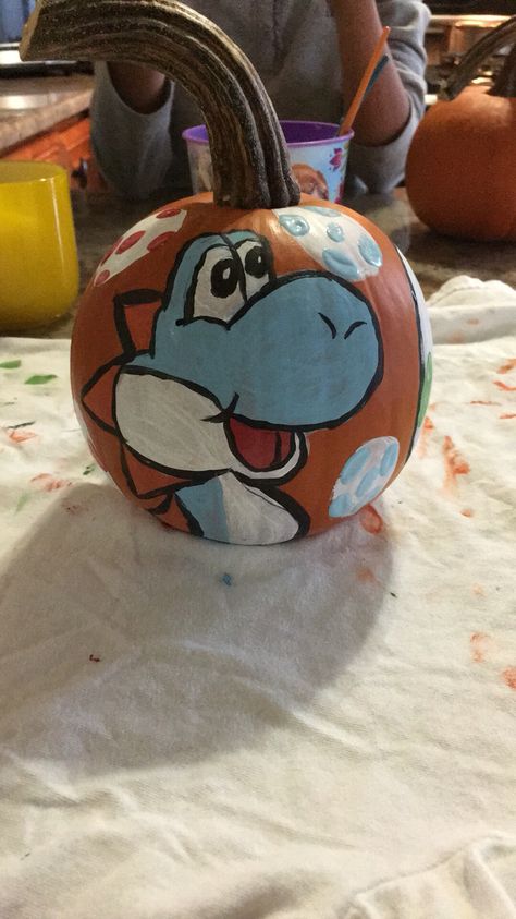 Video Game Pumpkin Painting, Yoshi Pumpkin Painting, Toad Pumpkin Painting, Bowser Pumpkin Painting, Yoshi Pumpkin, Blue Yoshi, Pumpkin Bulbasaur, Halloween Creative, Creative Pumpkin Painting