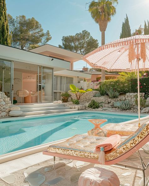 A touch of glamour to the Mid Century pool area 🏡 #mcm #architecture #midcenturymodern #midcenturyfurniture #glamour #glitterdecor #pooldesign #retroarchitecture #thisisnotreal #midjourney 60s Pool Aesthetic, Mid Century Pool Area, Mid Century Modern Pool Area, Palm Springs Interior Design Mid Century, Mid Century Modern Pool, Mid Century Pool, Palm Springs Interior Design, Vintage Basement, Mcm Architecture