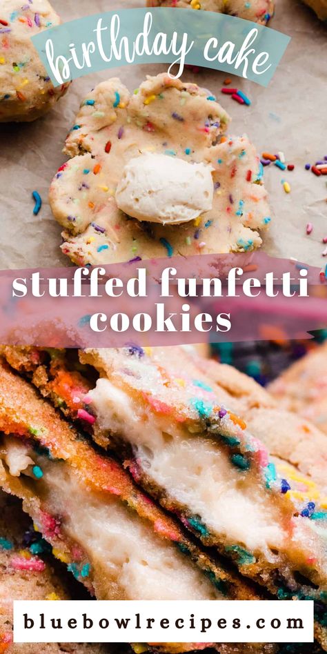 Funfetti Cookies taste like a birthday cake in cookie form! Soft & chewy funfetti cookies are loaded with colorful sprinkles and stuffed with a quick cheesecake filling that tastes just like a rich vanilla cake batter. These are far from ordinary sprinkle sugar cookies – they really do taste like funfetti birthday cake! Birthday Cake Cheesecake Cookies, Confetti Crumb Cake Cookies, Recipes Using Confetti Cake, Birthday Cake Treats, Funfetti Stuffed Cookies, Buttercream Stuffed Cookies, Funfetti Cake Mix Recipes Boxes, Birthday Cookie Recipes, Birthday Cake Flavored Desserts