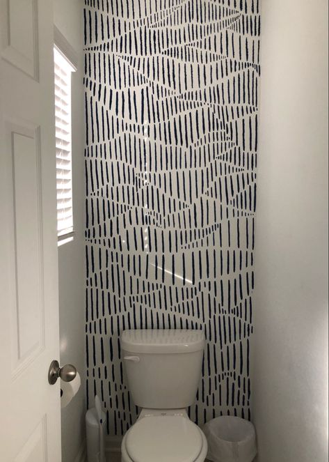 Bathroom Wall Pattern, Vertical Lines Painted On Walls, Hand Painted Wall Pattern Bathroom, Electrical Tape Accent Wall Diy, Abstract Tape Painting Accent Walls, Bathroom Accent Wall Paint & Paint Tools, Bathroom Accent Wall, Water Closet, Toilet Room