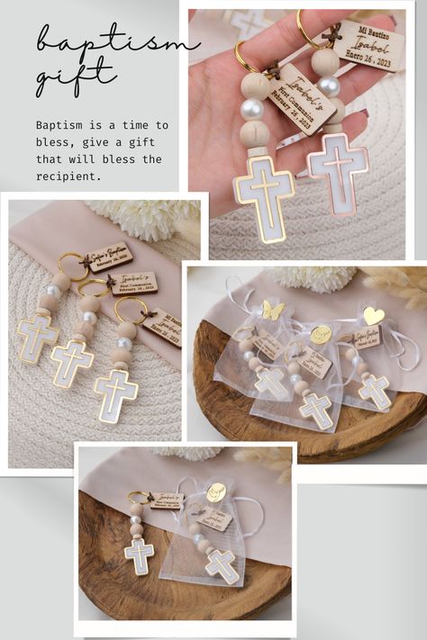 Thank your guests with our elegant baptism favors. A beautiful token of appreciation for sharing this special moment. 🎀💖 #BaptismFavors #GuestGifts #ElegantKeepsakes #SpecialDay #PersonalizedGifts #HandmadeWithLove #BaptismCelebration #ThankYouGifts #CherishedMemories #BaptismEvent First Communion Favors Ideas, Unique Baptism Favors, Christening Party Favors, Rosary Design, Cross Favors, Bautizo Ideas, Recuerdos Primera Comunion Ideas, Communion Decorations, Personalized Keychains