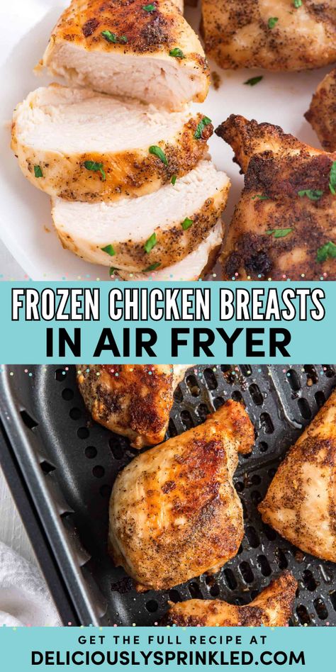 Learn how to cook frozen chicken breasts in the air fryer! They're an easy family dinner in just 30 minutes. Tender, moist, and juicy, these air fried chicken breasts are also an easy Father's Day recipe everyone will love! Frozen Chicken Air Fryer, How To Cook Frozen Chicken In Air Fryer, Frozen Chicken In Air Fryer, Cook Frozen Chicken In Air Fryer, Cooking Frozen Chicken In Air Fryer, Frozen Whole Chicken Air Fryer, Cook Frozen Chicken, Cooking Frozen Chicken Breast, Air Fryer Recipes Chicken Breast