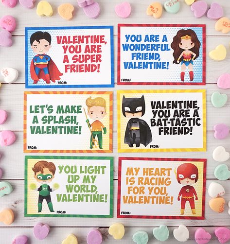 Free Printable DC Superhero Valentines | artsy-fartsy mama Marvel Valentines, Batman Valentines, Superhero Valentines, Diy Girls, Valentine's Ideas, Printable Valentines Cards, Preschool Valentines, Valentine's Day Printables, Vintage Valentine Cards