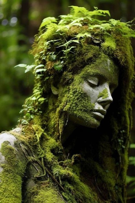 Statue Covered In Moss, Mother Nature Personified, Wood Nymph Art, Forest Nymph Art, Biodiversity Art, Elven Garden, Fairy Garden Ideas Enchanted Forest, Tree Person, Woodland Witch