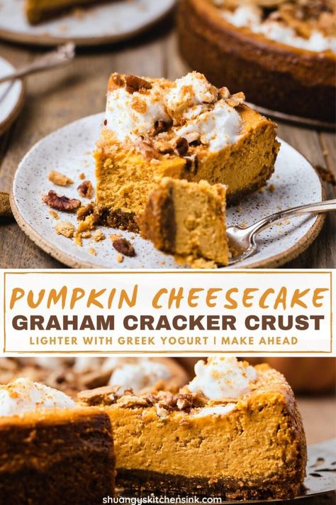 Healthier Pumpkin Cheesecake | Shuangy's Kitchen Sink Greek Yogurt Cheese, Freezing Cheesecake, Cheesecake With Graham Cracker Crust, Healthy Pumpkin Cheesecake, Greek Yogurt Cheesecake, Yogurt Cheesecake, Cinnamon Cheesecake, Pumpkin Cream Cheese Pie, Gluten Free Graham Crackers