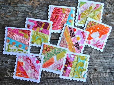 Fabric Note Cards, Quilted Postcards, Fabric Twine, Patchwork Cards, Scrappy Cards, Take The Chance, Crumb Quilt, Scrap Fabric Crafts, Scrap Fabric Projects