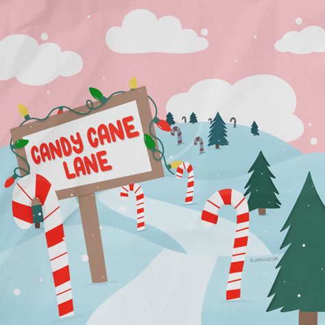 Digital illustration of blue snowy hills with a path going through with candy canes along the side. Christmas Candy Pictures, Christmas Candy Illustration, Christmas Poster Ideas, Candy Cane Illustration, Candy Cane Land, Christmas Banner Design, Winter Candyland, Cute Christmas Illustration, Dollywood Christmas