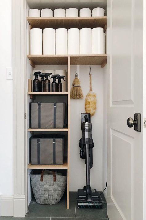 Creating a functional utility space Small Cleaning Closet, Cleaning Storage Ideas, Utility Closet Storage, Utility Area Ideas, Small House Storage Ideas, Utility Closet Organization, Vertical Storage Ideas, Utility Space, Utility Room Storage