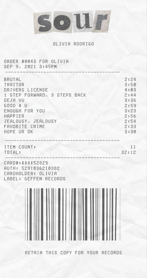 Album Song List Design, Receipt Album Cover, Receipt Song List, Shopping Receipt Aesthetic, Receipt Album Poster, Reciept Png, Life Support Album Receipt, Concert Receipt, Movie Receipts