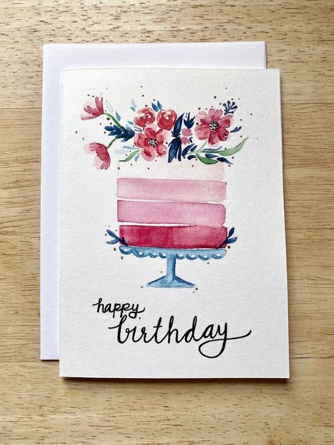 Birthday Cake Flowers, Watercolor Birthday Card, Happy Birthday Cards Diy, Watercolor Birthday Cards, Painting Birthday, Birthday Card Drawing, Watercolor Flowers Tutorial, 60th Birthday Cards, 50th Birthday Cards