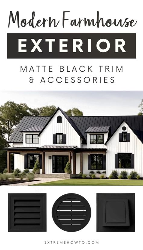 “We have all seen the rise in popularity of matte black in interior fixtures—and that trend has made an even bigger impact on exterior designs,” says Carlo Fiorella, General Manager, Metal, Trim & Accessories at Cornerstone Building Brands. “Our new line of black exterior accessories is a direct response to satisfy consumer tastes for this hue. Learn everything you need to know about modern farmhouse exteriors, farmhouse exterior design and adding curb appeal at extremehowto.com! Black Trimmed House Exterior, White Farmhouse Exterior Black Trim, Iron Ore Exterior Trim, Black And White Ranch House Exterior Board And Batten, Alabaster And Tricorn Black Exterior, Best Exterior Black Paint Color, Black And White House Exterior, Modern Curb Appeal, Farmhouse Exterior Ideas