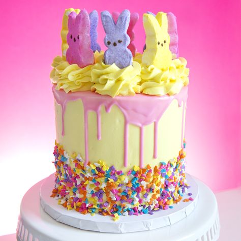 Peeps Easter Cake, Easter Cake With Peeps, Peeps Cake Ideas, Easter Bunny Birthday Cake, Rainbow Bunny Cake, Simple Easter Cake Designs, Easter Decorated Cakes, Easter Cake Ideas Creative, Easter Mini Cakes