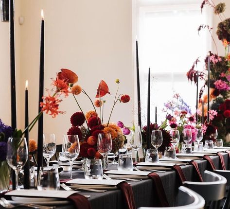 Sooo obsessed with this colour explosion by @bek_burrows with our Domino Weave table cloths & Mulberry Velvet napkins :heart:Perfectly photographed by @ninahamiltonphotography Venue @agrariankitchen Table linen: @tablearteventhire Florals, styling, stationery & custom candlesticks by @bek_burrows Candles by @hall.of.flame.candles Black Candle Wedding, Black Tablecloth Wedding, Tasmania Wedding, Velvet Napkins, Black Candlesticks, Colour Explosion, Candle Lit Wedding, Candle Sticks Wedding, Black Tablecloth