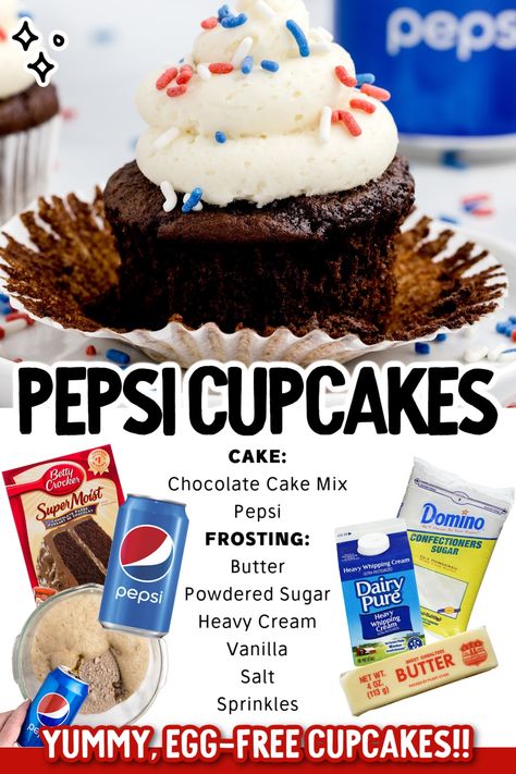 You will discover a little bit of magic when you make these Pepsi cupcakes. Something amazing happens when you mix a can of soda with a box of cake mix, giving you a super soft and extra moist cupcake with the Pepsi flavor shining through. Pepsi Cake Recipe, Pepsi Cupcakes, Pepsi Cake, Soda Cake Recipe, Egg Free Cupcakes, Soda Cupcakes, Chocolate Box Cake, Cake Mix Cupcakes, Candy Bar Cake