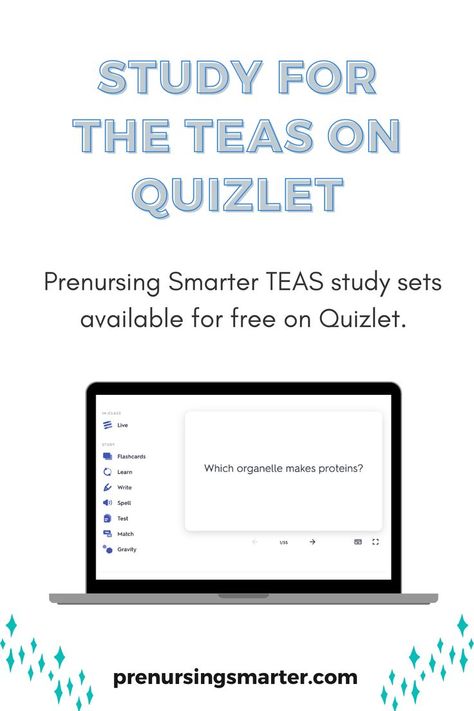 Blue text reads Study for the TEAS on Quizlet. Image of computer with flashcard set sample. Teal star decorations in bottom corners. Prenursing Smarter TEAS study sets available for free on Quizlet. Teas Exam Study Guides, Teas Math, Teas Test Prep, Teas Exam, Teas Test, Nurse Study, College Student Hacks, Nursing School Motivation, Nursing Exam