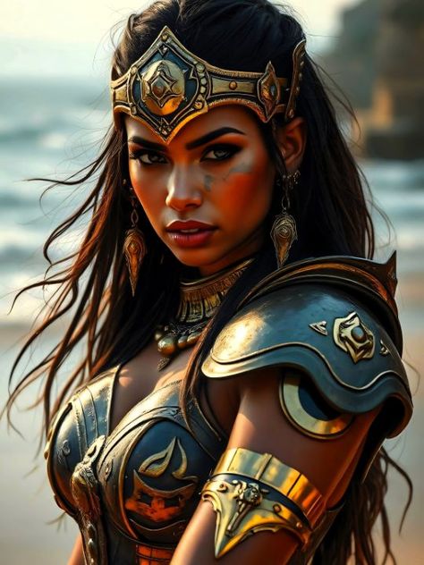 Amazon Warrior Beauty - A.D. Visual Digital Art Amazon Warrior Art, Warrior Queen Art, Amazon Warrior Women, Futuristic Samurai, Egyptian Warrior, Long Flowing Hair, Chest Plate, Ornate Jewelry, Reflection Art