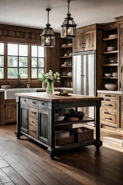 11 Stunning Rustic Kitchen Cabinet Styles To Add Home Character - Home Decor Hero Rustic Kitchen Storage Ideas, Baking Station Ideas, Rustic House Kitchen, Rustic Kitchen Cabinets Farmhouse Style, Rustic Wood Kitchen Cabinets, Amish Kitchen Cabinets, Rustic Baking, Moody Kitchens, Kitchen Flips