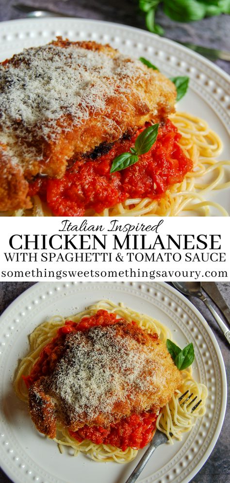 This Chicken Milanese with Spaghetti and tomato sauce is a delicious Italian inspired meal – prepare the chicken and sauce in advance for a speedier midweek dinner! #chickenmilanese #spaghetti #chickendinners #breadedchicken Chicken Milanese Healthy, Chicken Milanese Pasta, Chicken Milanesa Recipe, Spaghetti Milanese, Chicken Milanese Recipe, Chicken And Sauce, Spaghetti Tomato Sauce, Spaghetti Chicken, Milanese Recipe