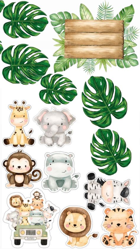 Safari Cake Topper Printable Free, Topper Animals Safari, Safari Theme Cake Topper Printable, Jungle Theme Stickers, Safari Animals Printables, Decoracion Baby Shower Safari, Safari Topper, Safari Bebe, Safari Cake Topper