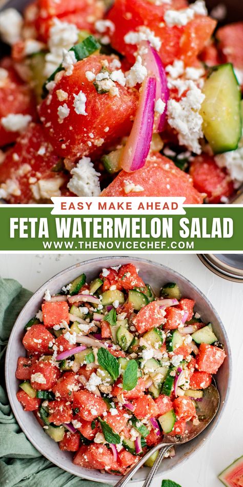 Sweet cold watermelon and creamy feta cheese star in this tangy-salty-sweet recipe for Watermelon Feta Salad. It’s a juicy, crisp, and savory side dish that will impress and delight everyone! Feta Watermelon Salad, Watermelon Salad With Feta Cheese, Feta Watermelon, Watermelon Feta Salad Recipes, Salad With Feta Cheese, Easy Potluck Recipes, Watermelon Salad Recipes, Salad With Mint, Feta Salad Recipe