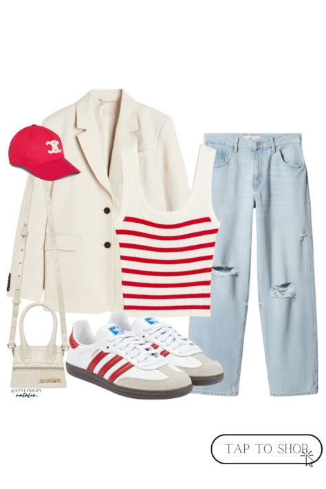 Red Striped Tee Outfit, Red Sambas Adidas Women Outfit, Red Sambas Adidas Outfit Summer, Red Cap Outfits For Women, Red And White Sambas Adidas Outfit, Red Adidas Samba Outfit, Adidas Samba Red Outfit, Samba Red Outfit, Red Samba Outfit