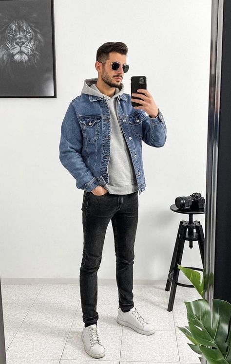 Men’s Casual Office Style, Jeans Jacket Outfit Men, Denim Outfit Men, Mens Winter Fashion Outfits, Mens Business Casual Outfits, Jean Jacket Outfits, Denim Jacket Outfit, Mens Casual Outfits Summer, Men With Street Style