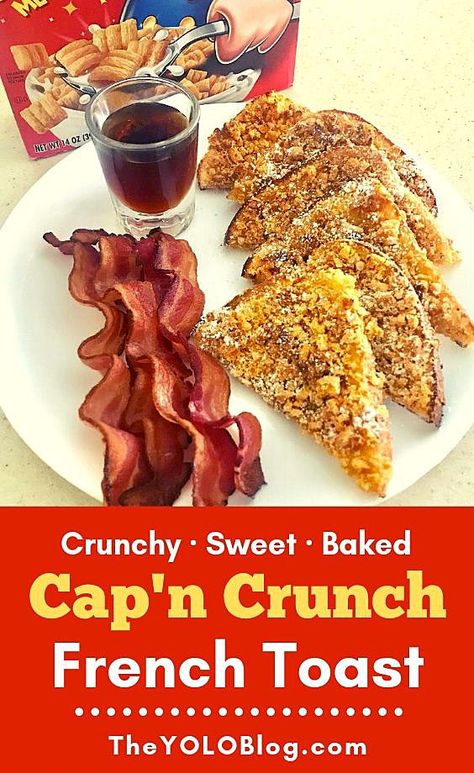 Crunchy, sweet, and so easy, oven baked French toast is covered with crushed Cap'n Crunch cereal. | #frenchtoast #brunchrecipes #capncrunchfrenchtoast #captaincrunch Recipes With Captain Crunch Cereal, Cap’n Crunch French Toast, Cereal French Toast, Captain Crunch French Toast Recipe, Captain Crunch French Toast, French Toast Cereal, French Toast Crunch, Oven Baked French Toast, Cap'n Crunch