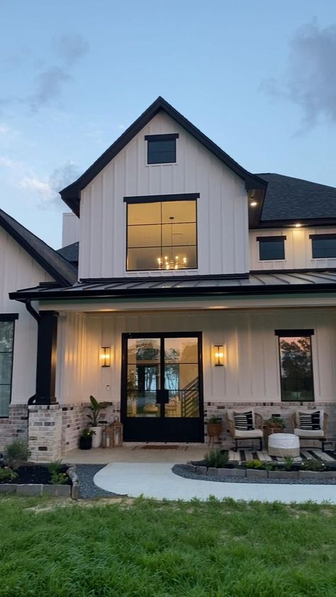 Follow @wifeonadime on IG for more #ModernFarmhouse exterior inspo. Save for later! in 2022 | Brick exterior house, Modern exterior, Modern farmhouse exterior Tan House, Black Barndominium, House Front Porch, Shop Barndominium, Bedroom Barndominium, Barn Style House Plans, Home Exterior Makeover, Exterior Modern, Casas Coloniales