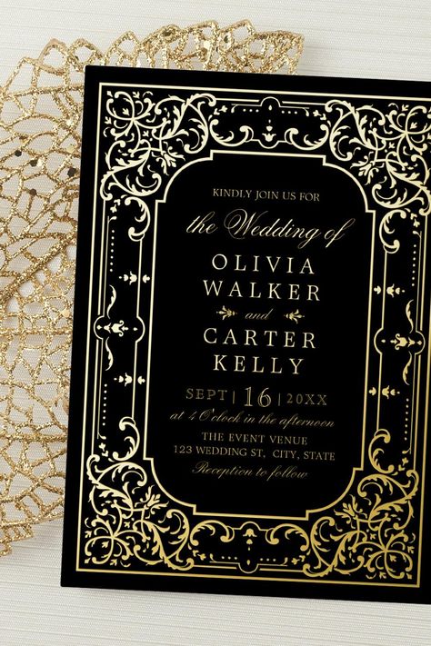 Black Gold elegant ornate romantic vintage wedding Foil Invitation Wedding Invitations Old Money Aesthetic, Black And Gold Wedding Invitations, Luxury Winter Wedding, Romantic Vintage Wedding, Wedding Art Deco, Halloween Wedding Invitations, Wedding Announcement Cards, Formal Wedding Invitations, Luxury Winter